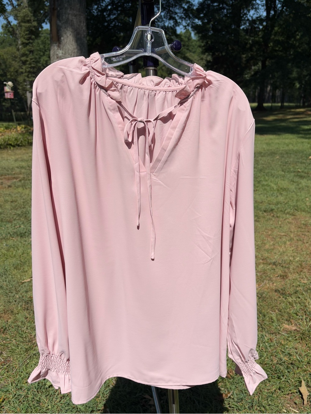 Women's Light Pink Ruffle-Neck Longe Sleeved Blouse Size 2X